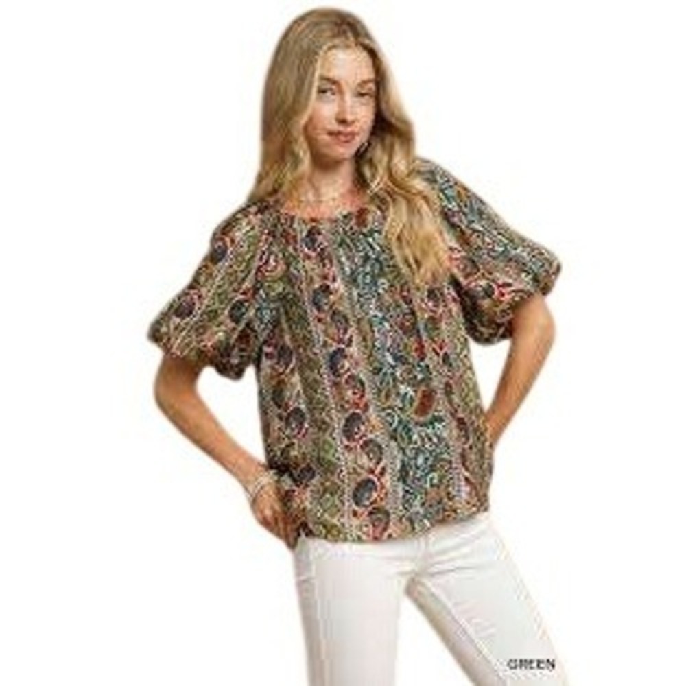 New Umgee Womens Boho Floral Paisley Puff Sleeve Blouse Plus Sz 1x Peasant Art